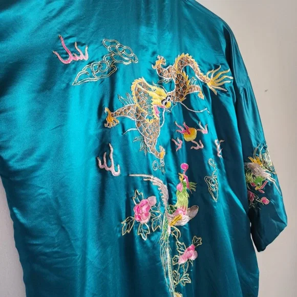Vintage Silk Robe Phoenix Dragon Motif Teal Blue Medium